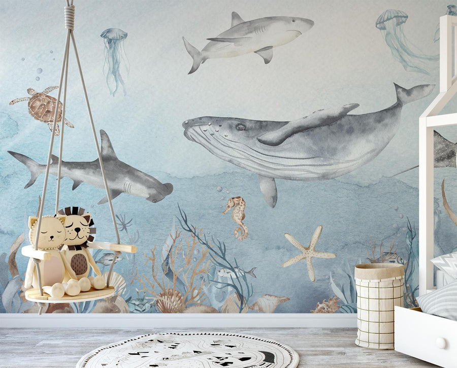 watercolor undersea wallpaper,undersea world nursery wallpaper,undersea creatures kids wall mural,custom size Peel & Stick | Regular