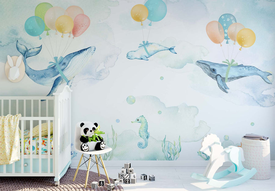 watercolor whale wallpaper, whale with balloons nursery wallpaper,sea life kids wall design undersea mural,Peel & Stick and Regular