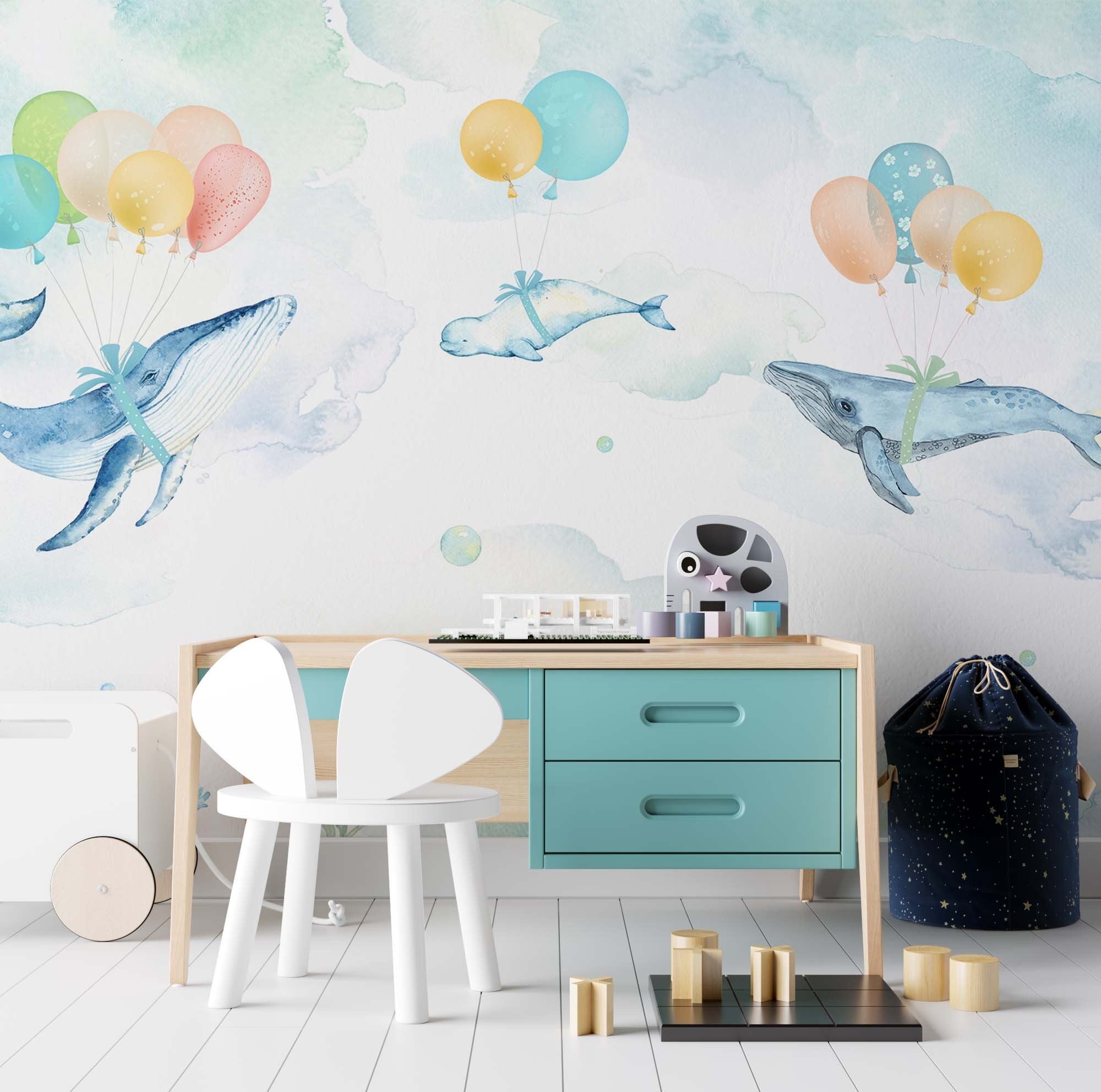 watercolor whale wallpaper, whale with balloons nursery wallpaper,sea life kids wall design undersea mural,Peel & Stick and Regular