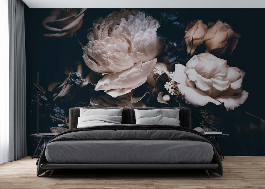 white peony wallpaper with dark blue background,giant peony bouquet wall mural,flowers wall paper,removable Peel and Stick | Regular