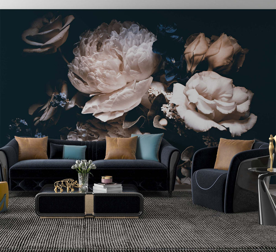 white peony wallpaper with dark blue background,giant peony bouquet wall mural,flowers wall paper,removable Peel and Stick | Regular