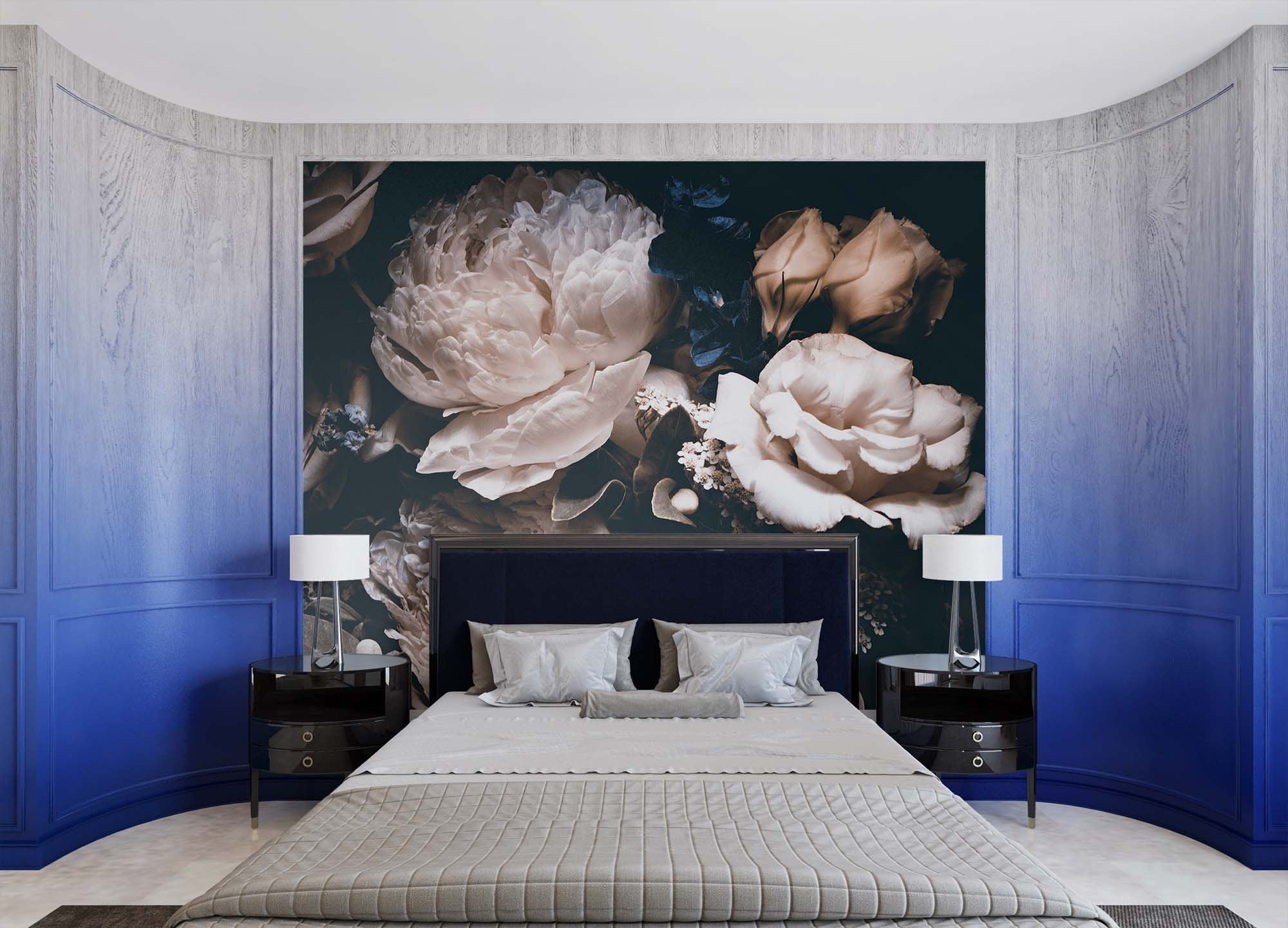 white peony wallpaper with dark blue background,giant peony bouquet wall mural,flowers wall paper,removable Peel and Stick | Regular