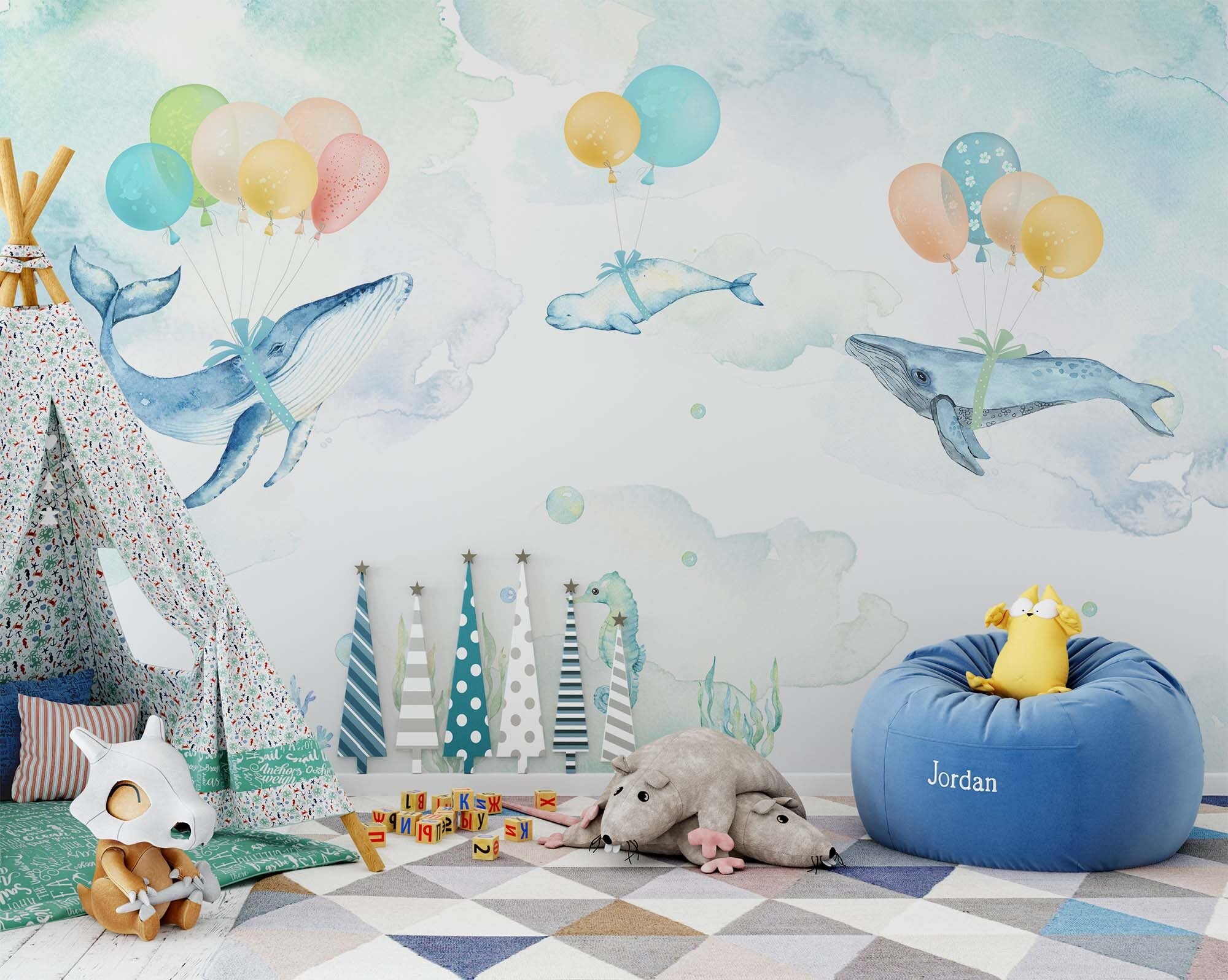 watercolor whale wallpaper, whale with balloons nursery wallpaper,sea life kids wall design undersea mural,Peel & Stick and Regular