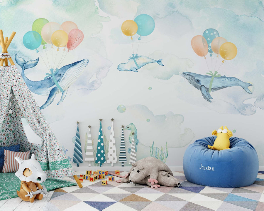 watercolor whale wallpaper, whale with balloons nursery wallpaper,sea life kids wall design undersea mural,Peel & Stick and Regular