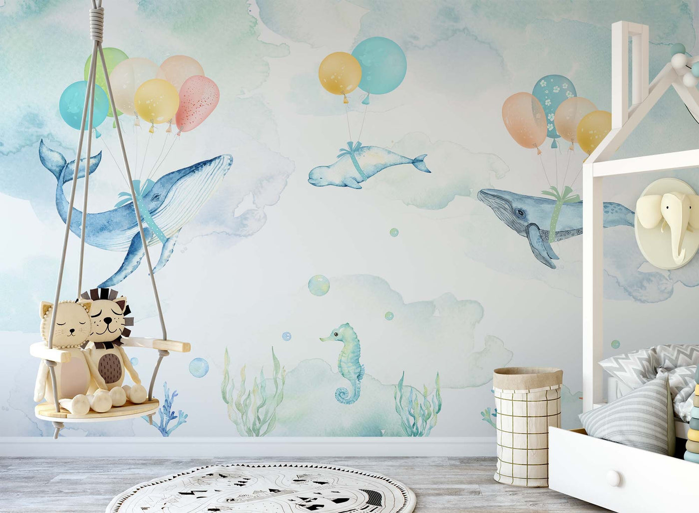 watercolor whale wallpaper, whale with balloons nursery wallpaper,sea life kids wall design undersea mural,Peel & Stick and Regular