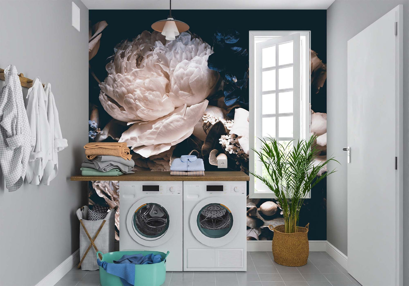 white peony wallpaper with dark blue background,giant peony bouquet wall mural,flowers wall paper,removable Peel and Stick | Regular