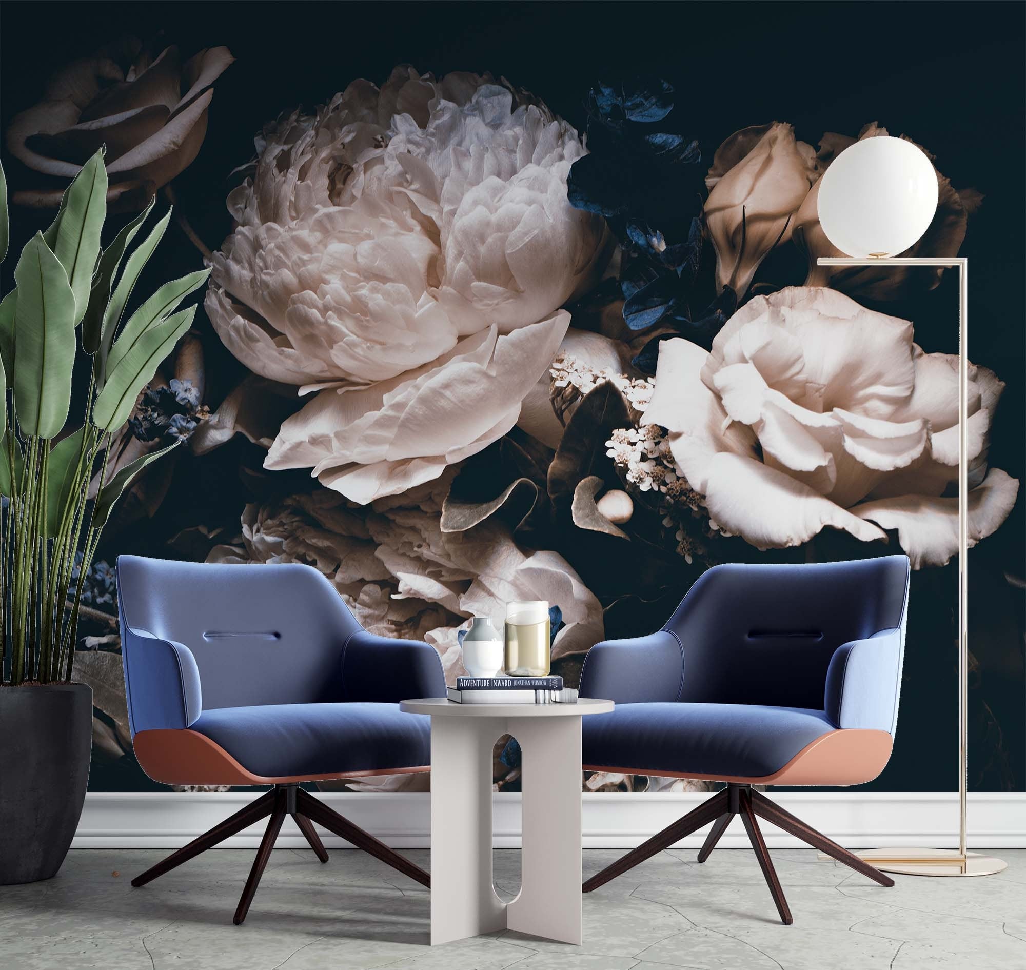 white peony wallpaper with dark blue background,giant peony bouquet wall mural,flowers wall paper,removable Peel and Stick | Regular