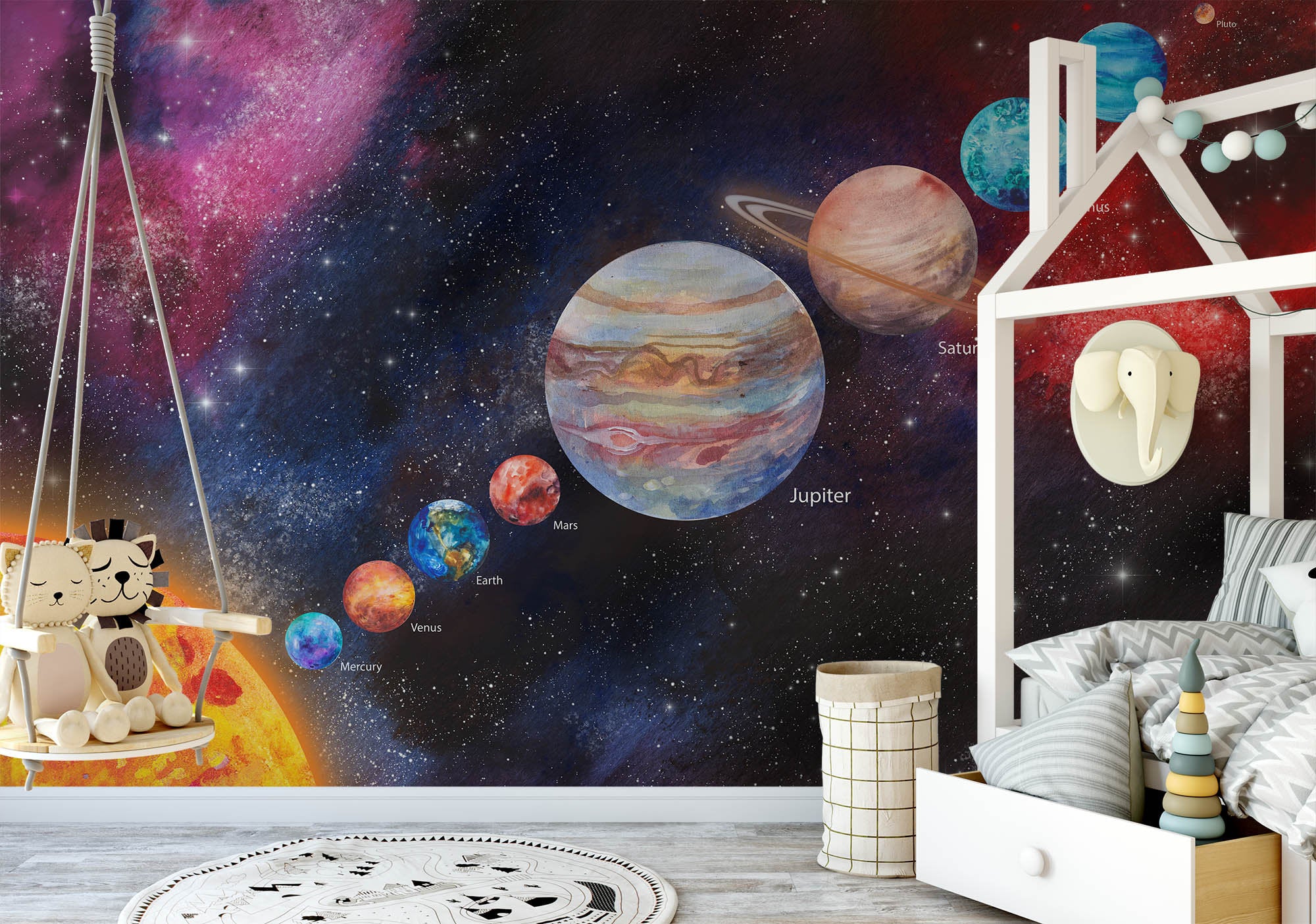 watercolor solar system wallpaper dark planets and space wall mural universe astronomical wallpaper Peel & Stick and Regular wall paper