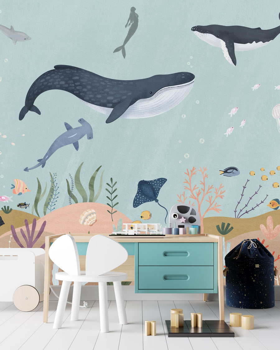 underwater nursery wallpaper Peel and Stick undersea creatures wall mural for  baby bedroom kids bedroom decor,Regular available