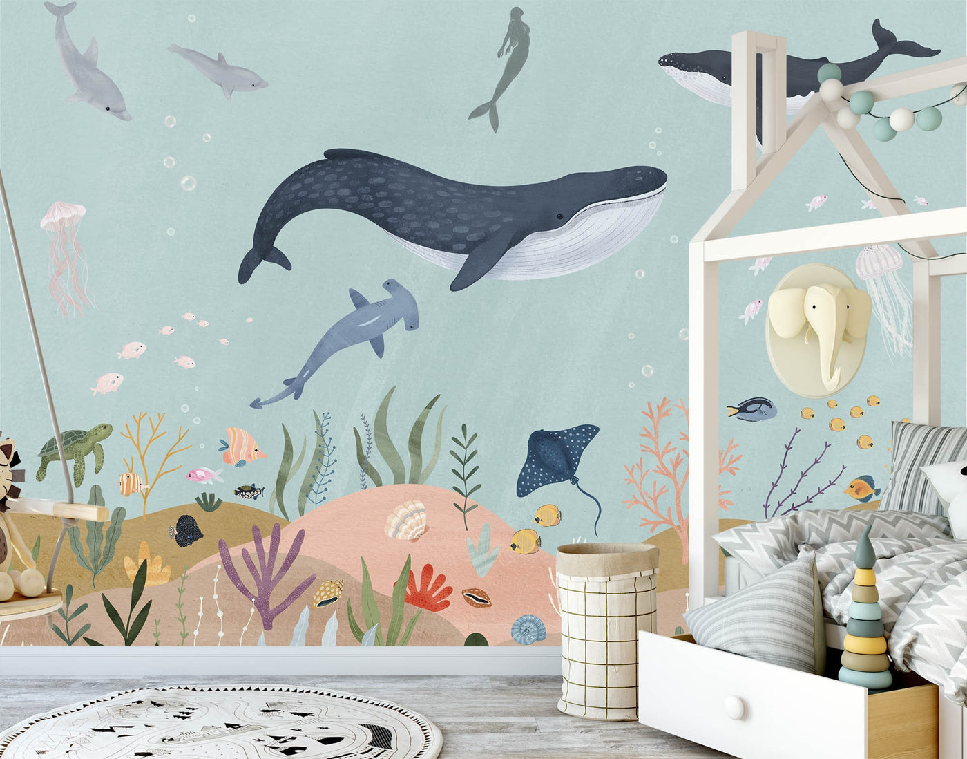 underwater nursery wallpaper Peel and Stick undersea creatures wall mural for  baby bedroom kids bedroom decor,Regular available