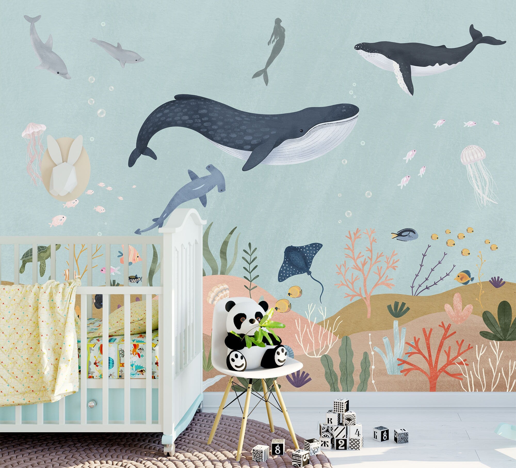 underwater nursery wallpaper Peel and Stick undersea creatures wall mural for  baby bedroom kids bedroom decor,Regular available