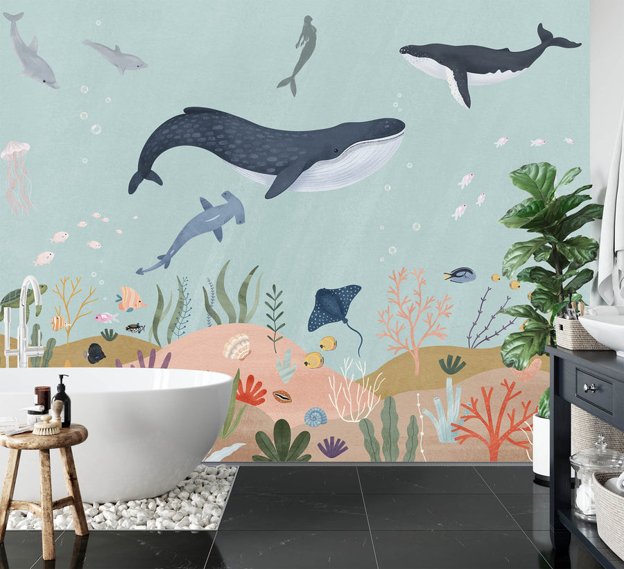 underwater nursery wallpaper Peel and Stick undersea creatures wall mural for  baby bedroom kids bedroom decor,Regular available