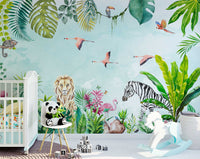 Watercolor jungle wall mural safari animals wallpaper tatoo -WM003